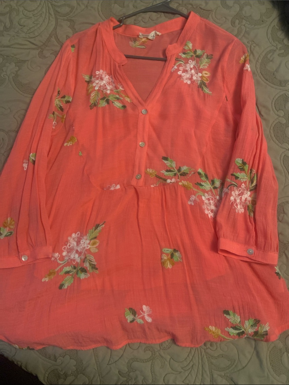 Embroidered Coral Button-Front Tunic Top - Picture 3 of 4